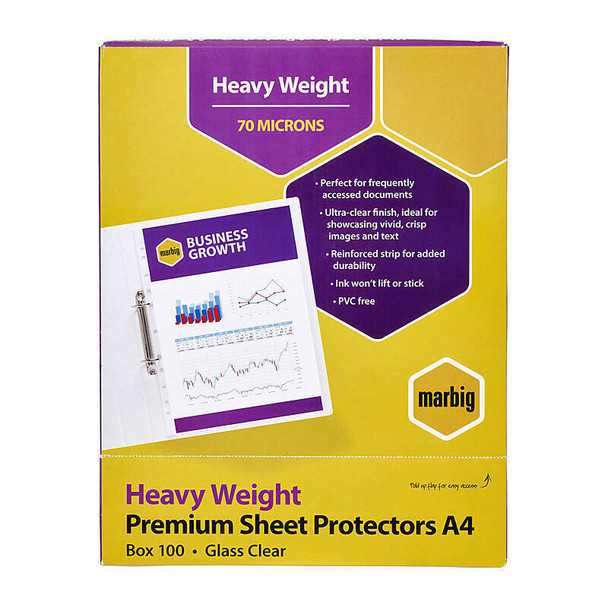 Marbig Heavyweight A4 Sheet Protectors, 100 pack, clear, 70 microns, premium glass clear protectors.