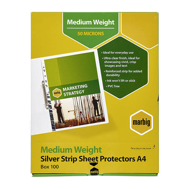 Marbig A4 medium weight sheet protectors, silver strip, box of 100, genuine product packaging.