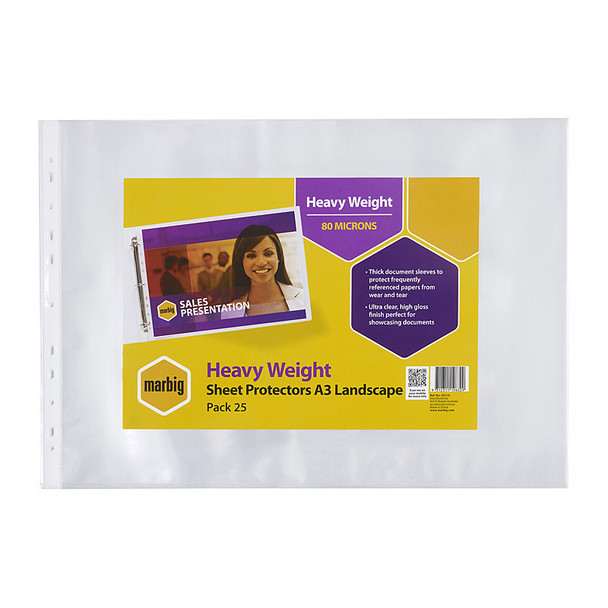 Marbig A3 Landscape Heavyweight Sheet Protectors, 25 pack, clear and yellow packaging, heavy weight protection.