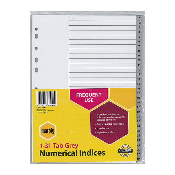 Marbig A4 1-31 Tab Polypropylene Grey Dividers, numerical indices with frequent use tabs.