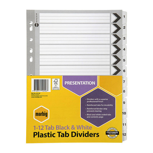 Marbig A4 Reinforced 1-12 Tab Black & White Plastic Tab Dividers, Genuine product packaging shown.
