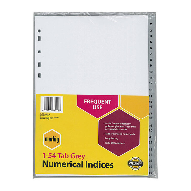 Marbig Indices &amp; Dividers 1-54 Tab Polypropylene A4 Grey