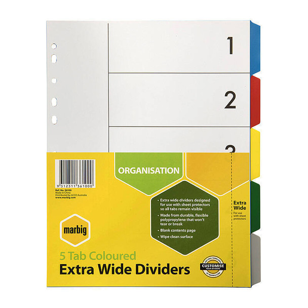 Marbig Indices &amp; Dividers 5 Tab Polypropylene A4 Extra Wide