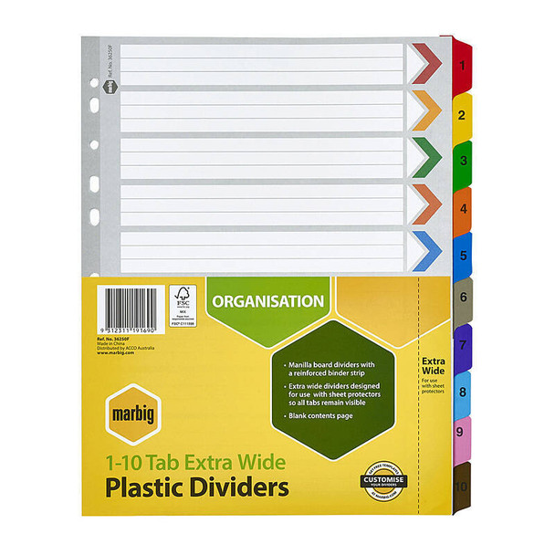 Marbig A4 Extra Wide 1-10 Tab Manilla Index Dividers, yellow and green packaging with tabs.