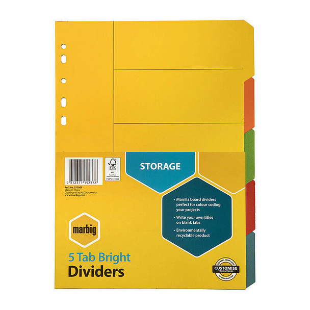 Marbig A4 Brights 5 Tab Manilla Dividers, yellow, with colored tabs, and storage label.