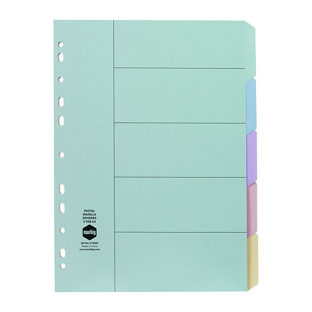 Marbig A4 Pastel 5 Tab Manilla Dividers, Genuine, mint green, with pastel colored tabs.
