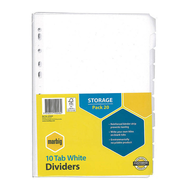 Marbig 10 Tab A4 Manilla Dividers, white pack of 20, yellow and blue packaging shown.