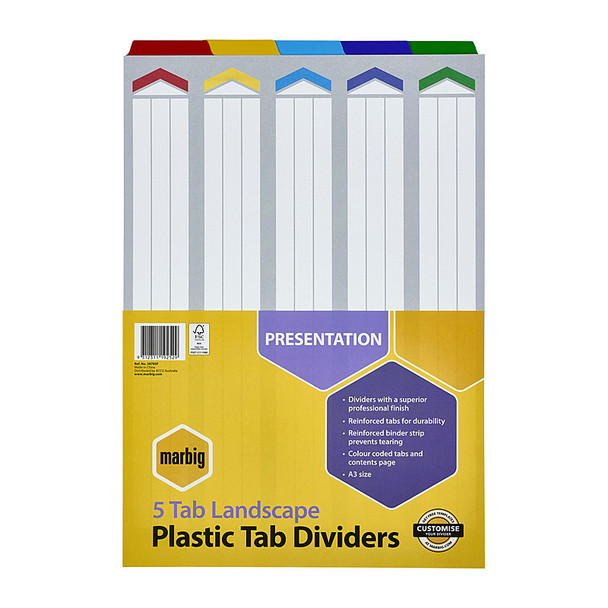 Marbig A3 Landscape 5 Tab Reinforced Indices & Dividers, yellow package with colorful plastic tabs.