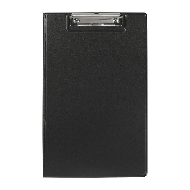 Marbig Clipfolder Polypropylene Foolscap Black, a black clipboard with a clear clip on top.