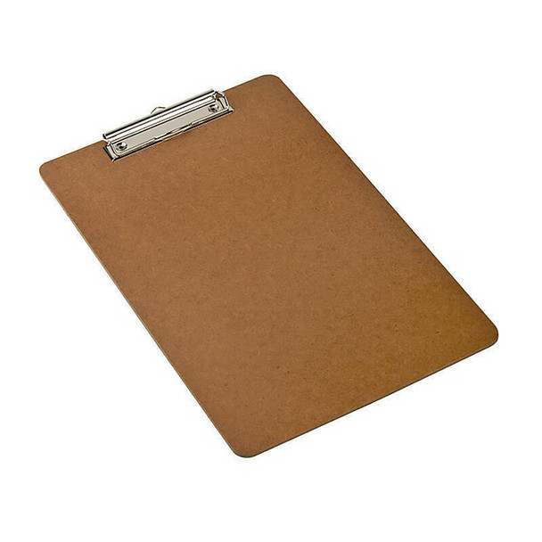 Marbig Masonite Clipboard Foolscap Small Clip Genuine brown clipboard with silver metal clip on white background.