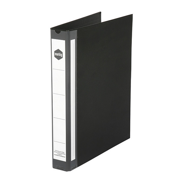 Marbig Deluxe A4 25mm 2D Ring Binder, black polyethylene, with silver label and logo visible.