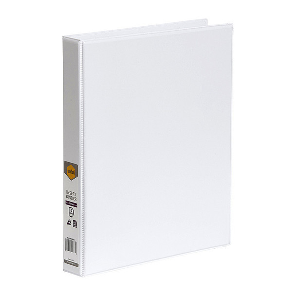 Marbig Clearview A4 25mm 4D White Insert Binder, Genuine, white cover, angled view, barcode visible.