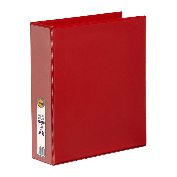 Marbig Clearview A4 50mm 4D Red Binder, Genuine product with label on spine, angled view.