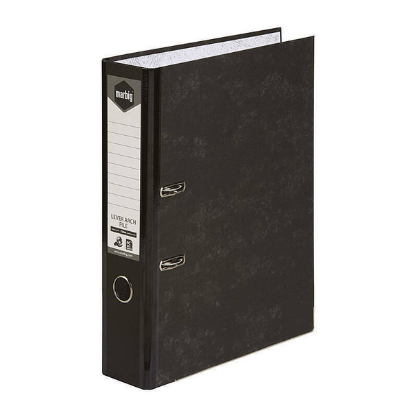 Marbig Foolscap Lever Arch File, reinforced spine, mottled black, with silver rings and label.