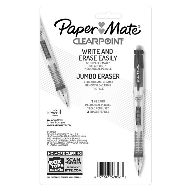 Paper Mate Clearpoint 0.7mm Mechanical Pencil Set, 3-Pack, clear and black pencils with jumbo eraser.