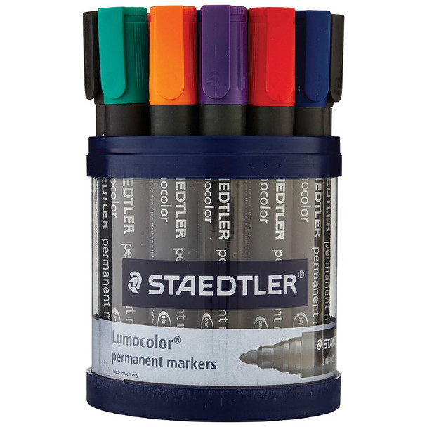 Staedtler 352 Lumocolor permanent marker set, assorted colors, bullet tip, 19-pack, multicolor markers displayed.