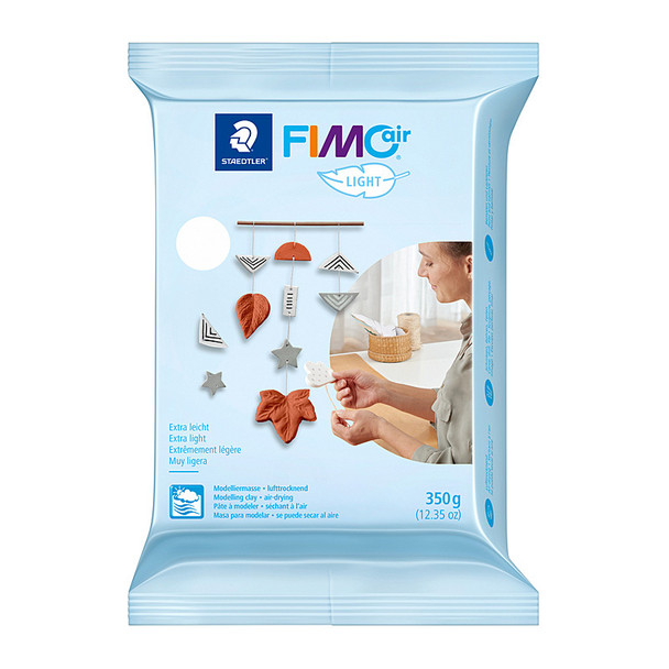 Staedtler FIMOair Light White 350g genuine modelling clay packaging with product details and tools shown.
