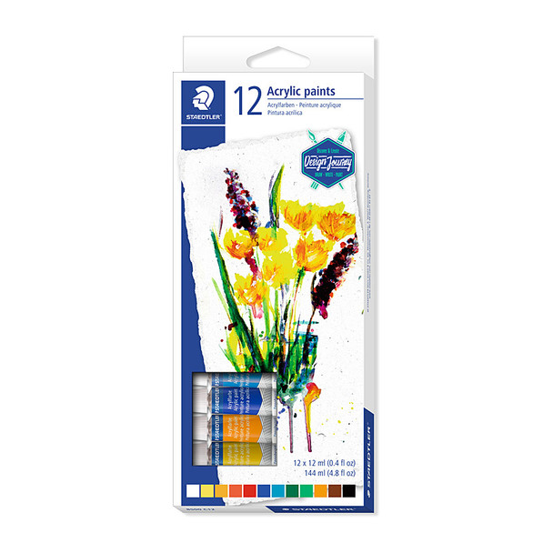 Staedtler Acrylic Paint Set, assorted colors, 12 genuine paints in a box, colorful paint tubes visible.