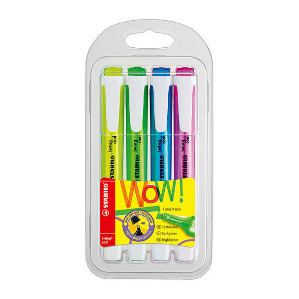 Stabilo Swing Cool Highlighter Set, assorted colors, pack of 4, vibrant green, blue, purple, and yellow.
