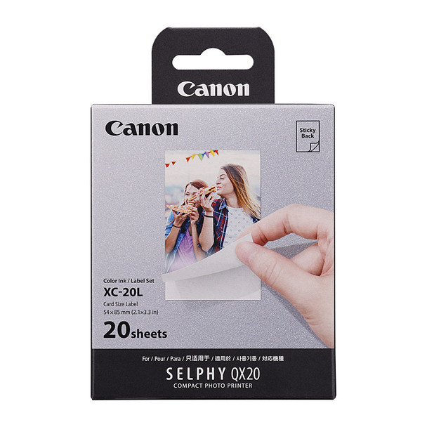 Canon XC-20L Card Size Sticker Photo Paper & Ink, 20 Sheets, gray packaging with image.