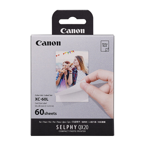 Canon XC-60L Sticker Photo Paper, 60 sheets, with hand holding photo, on gray and black packaging.
