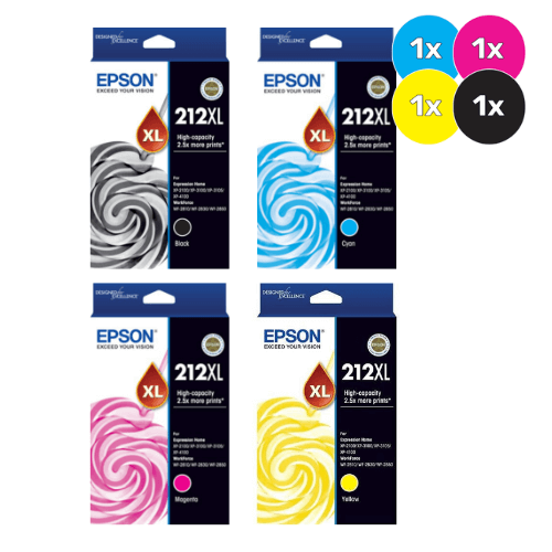 Epson 212XL Bundle, four ink cartridges, black, cyan, magenta, yellow, Epson brand packaging.