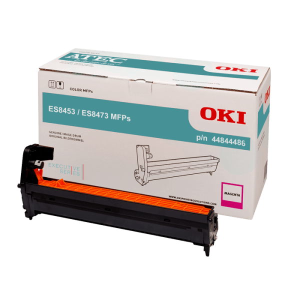 OKI ES8473 Magenta EP Cartridge Drum, 30,000 pages yield, orange and black color.
