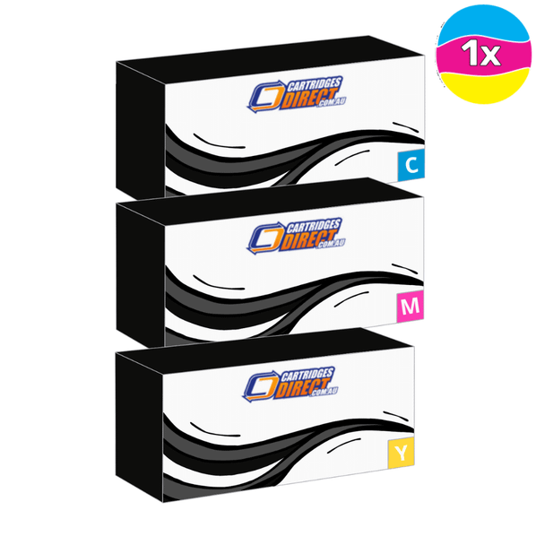 Compatible Brother TN-257 CMY colour pack, three boxes, black, white, cyan, magenta, yellow toner cartridges.