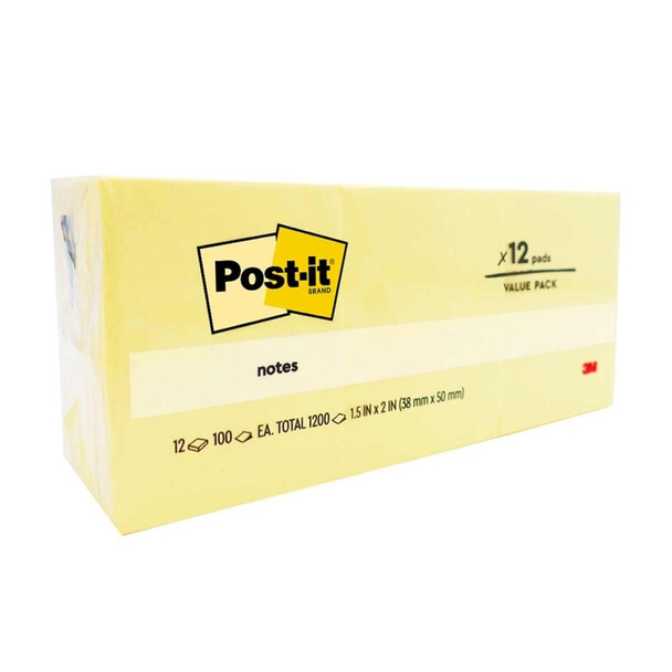 Post-It Notes Canary Yellow 36 x 51mm (Pack of 12)