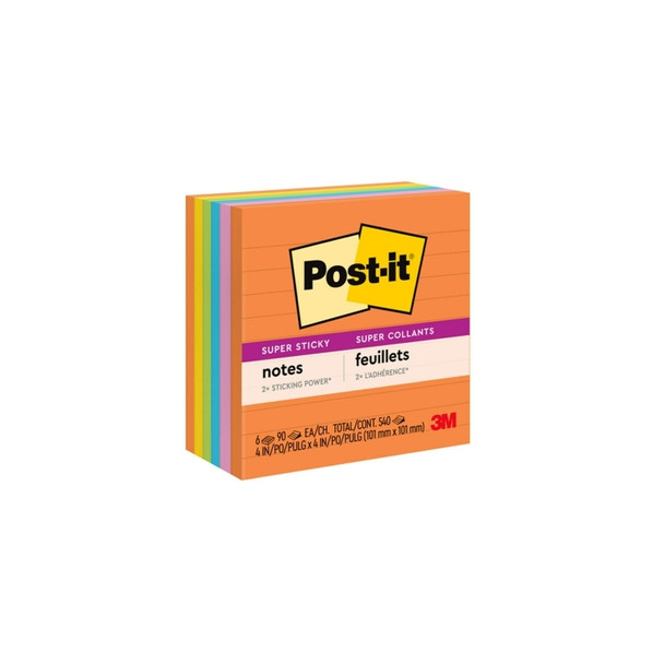 Post-it Super Sticky Notes, Energy Boost, 4x4", 6 pack, orange, yellow, green, and blue notes.