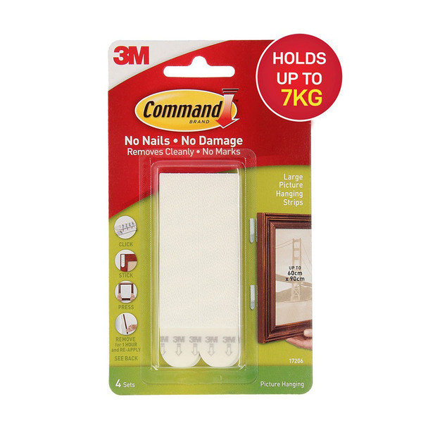 Command Large Picture Hanging Strips 4 Sets, 7.2kg, 3M Genuine