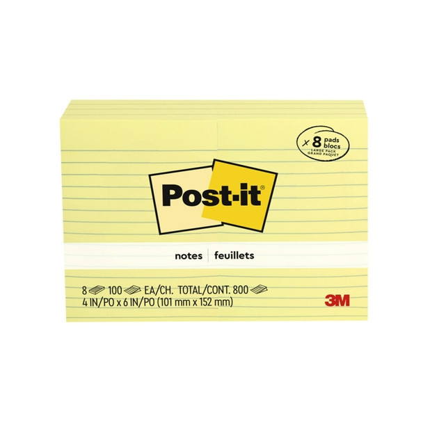 Post-It Lined Notes Canary Yellow 101 x 152mm (Pack of 8)