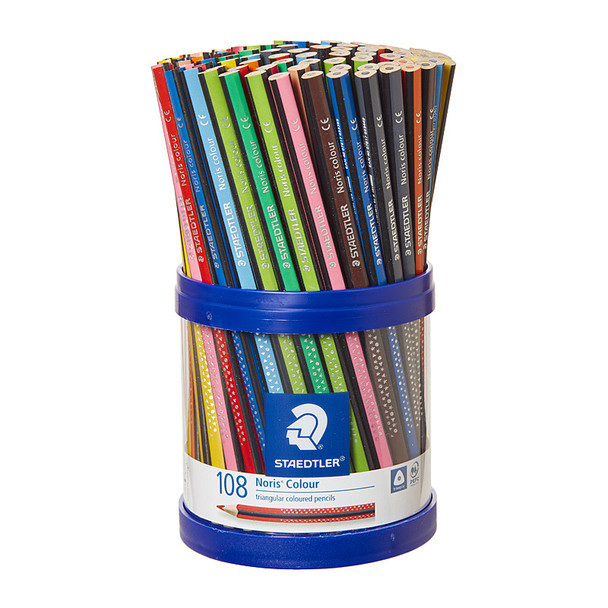 Staedtler 187 KP108 pen set, assorted colorful pens in blue cylindrical container, 108 pieces included.