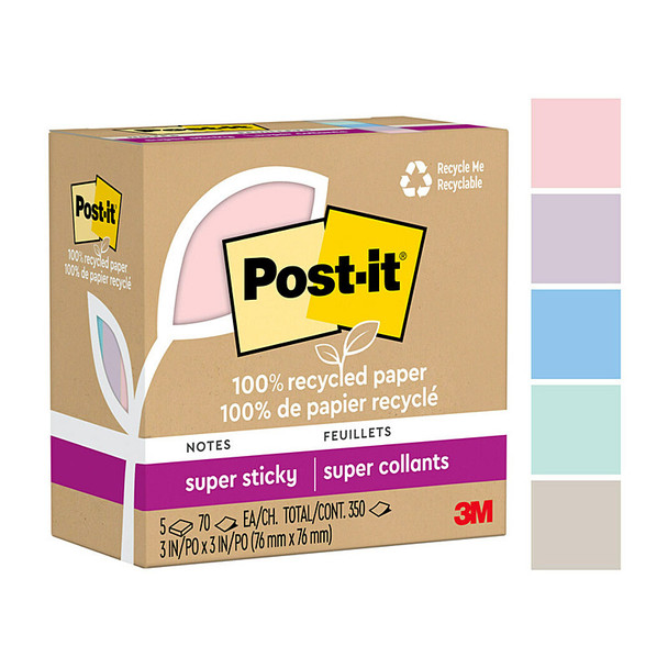 Post-It Super Sticky Recycled Notes Wanderlust 76 x 76mm (Pack of 5, Box of 6)
