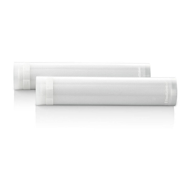 Two white FoodSaver 2X28cm Rolls with clear caps, side by side on a white background.