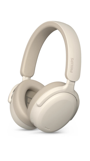 Philips wireless headphones in beige color with over-ear design and foldable headband.