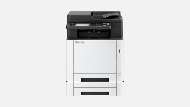 Kyocera MA2600CFX Clr MFP, white and black printer with two drawers, front view, office equipment.