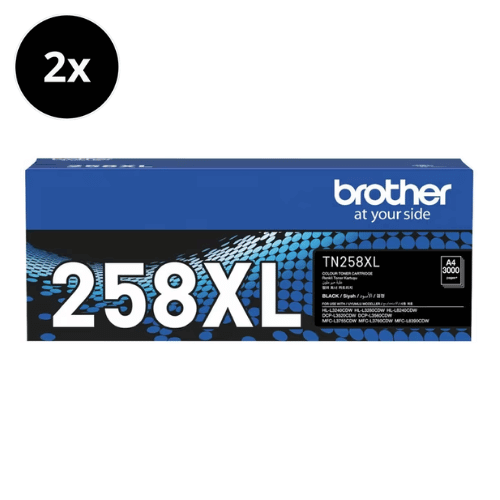 Brother TN-258XLBKX2 Black Toner Cartridge box, two-pack, blue and black, Brother logo visible clearly.