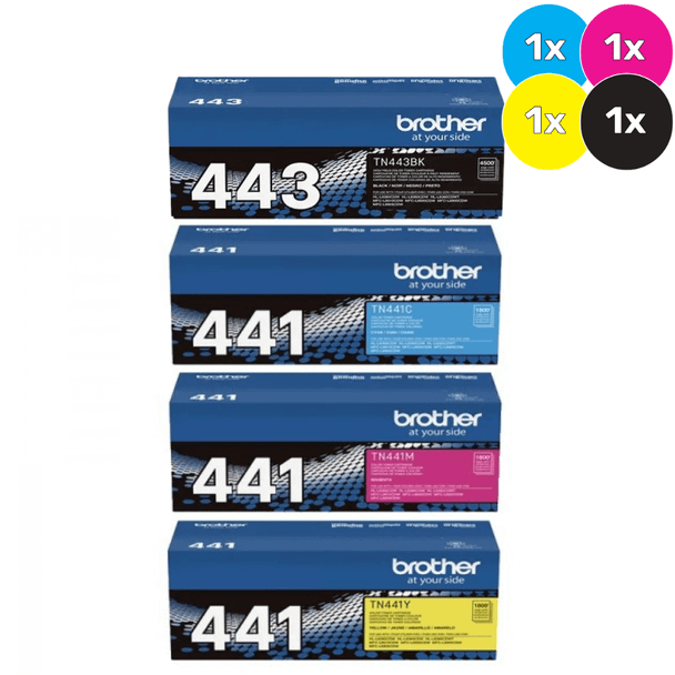 Brother TN-443BK, TN-441 Bundle Pack, four toner cartridges in blue, cyan, magenta, and yellow colors.