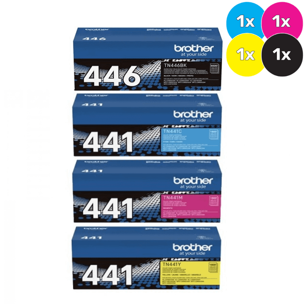 Brother TN-446BK & TN-441 Bundle Pack, four toner cartridges, blue, cyan, magenta, and yellow colors.