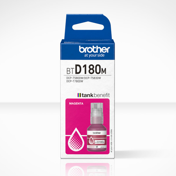 Brother Magenta Ink Bottle BT-D180M for DCP-T580DW/T780DW, up to 5000 pages, genuine magenta ink cartridge.
