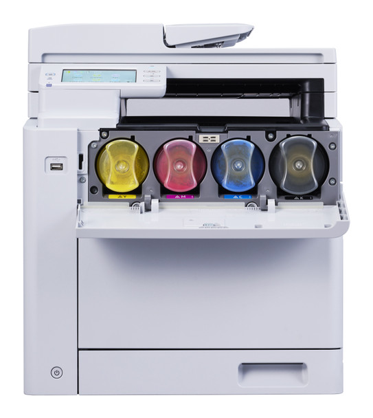 OKI MC554dnw Colour A4 MFP with open toner cartridge tray showing yellow, magenta, cyan, and black cartridges.