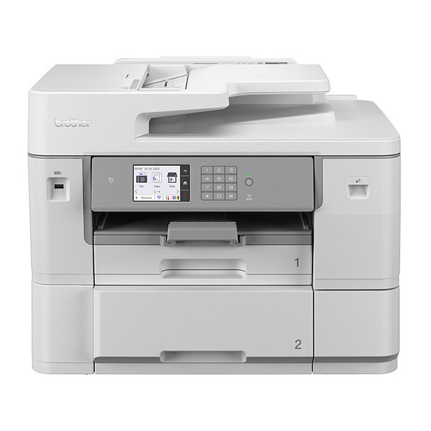 Brother MFCJ6959DW Inkjet MFC printer, white, front view, control panel, and dual paper trays visible.
