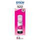 Epson T522 Magenta EcoTank Bottle, Epson brand, magenta ink bottle with white and pink label.