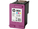 Genuine HP 804 Tri-Colour Ink Cartridge, purple, with white label and black, blue, pink, yellow ink.