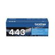 Brother TN443 Cyan Toner Cart, blue box with white text and graphics, Brother branding visible.