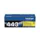 Brother TN443 Yellow Toner Cartridge box packaging with blue and yellow label, Brother logo displayed.
