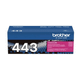 Brother TN443 Magenta Toner Cartridge, blue and pink packaging with Brother logo and model number visible.