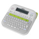Brother D210 P-Touch Label Maker, white and green handheld labeler with keyboard and LCD display screen.