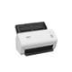 Brother ADS-3100 white scanner with black tray and lid open, showcasing compact design and brand logo.
